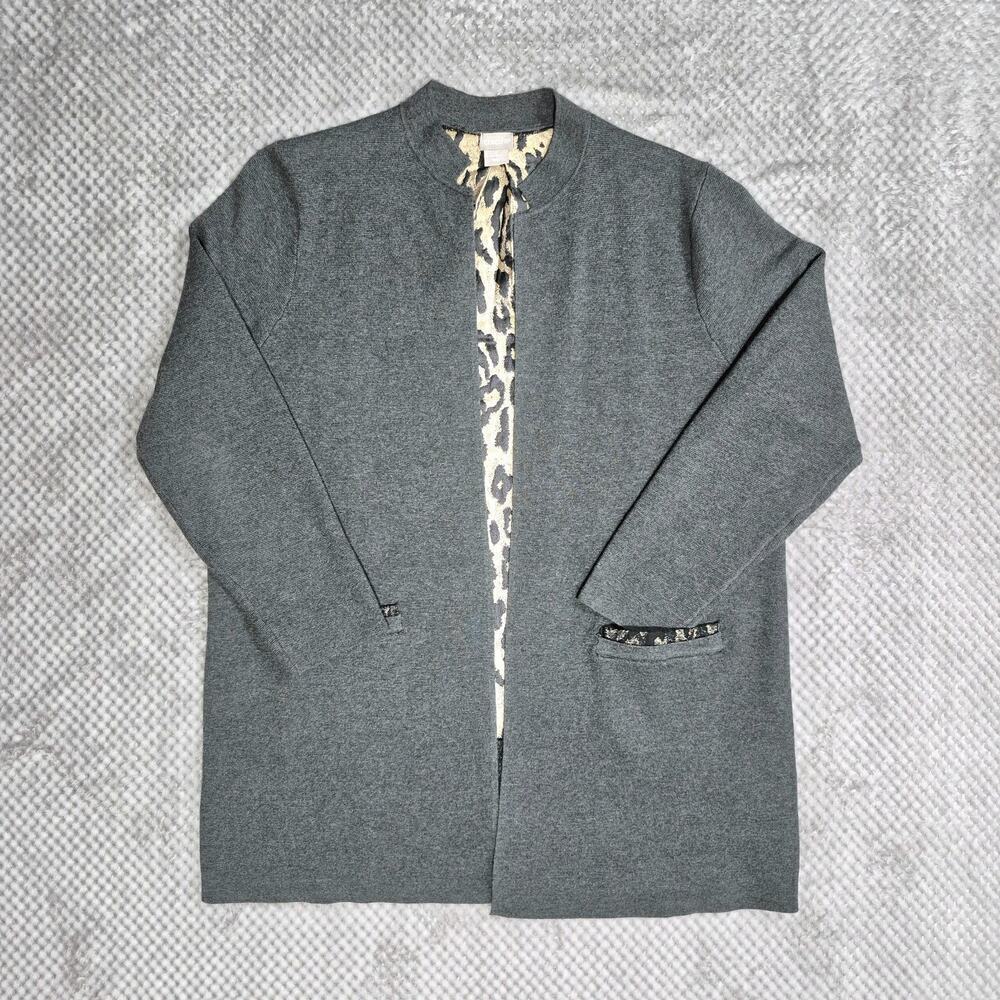 Chico's Women Animal Print Back Open Front Cardigan Sz 2 US Large Pocket Sweater